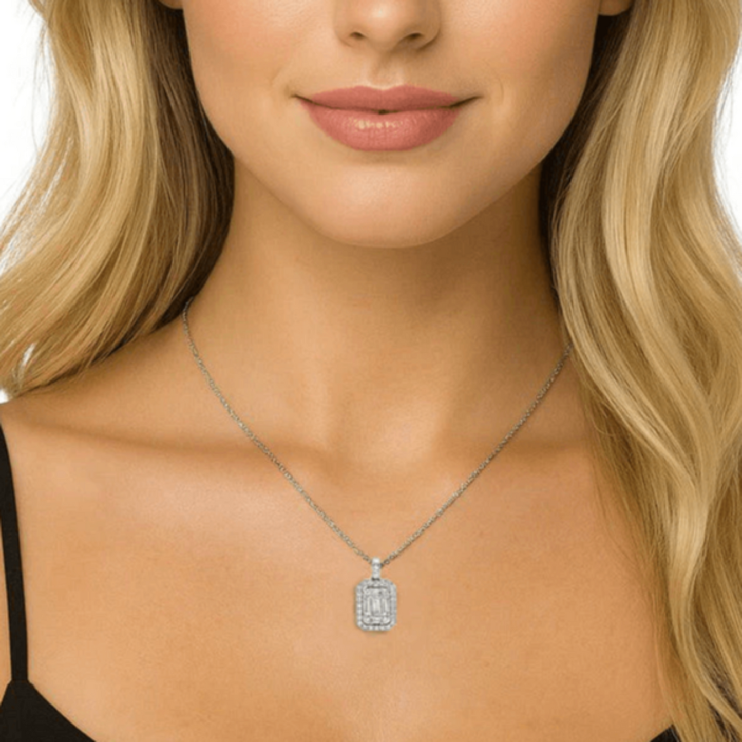 Contemporary 18KT White Gold Diamond Necklace on neck