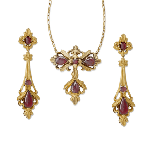James W. Lyon English Victorian 15KT Yellow Gold Garnet Set front