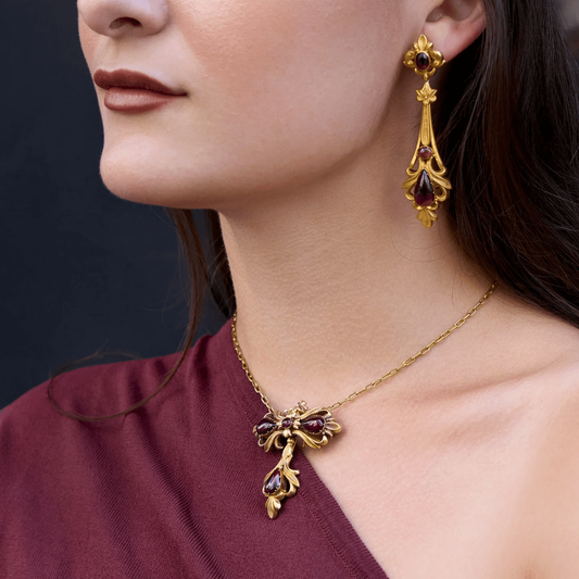 James W. Lyon English Victorian 15KT Yellow Gold Garnet Set worn