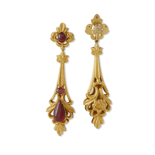 James W. Lyon English Victorian 15KT Yellow Gold Garnet Set front and back