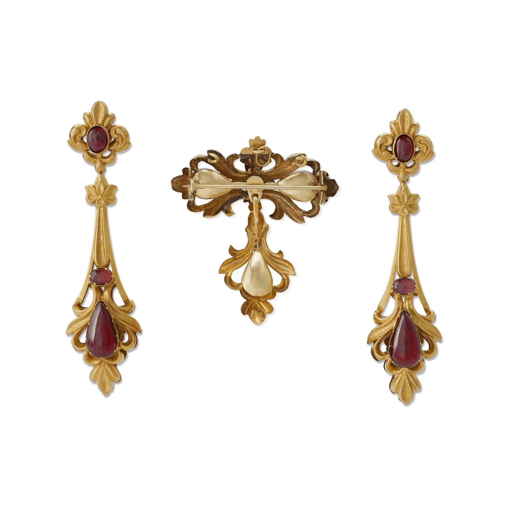 James W. Lyon English Victorian 15KT Yellow Gold Garnet Set front and back