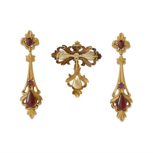 James W. Lyon English Victorian 15KT Yellow Gold Garnet Set front and back