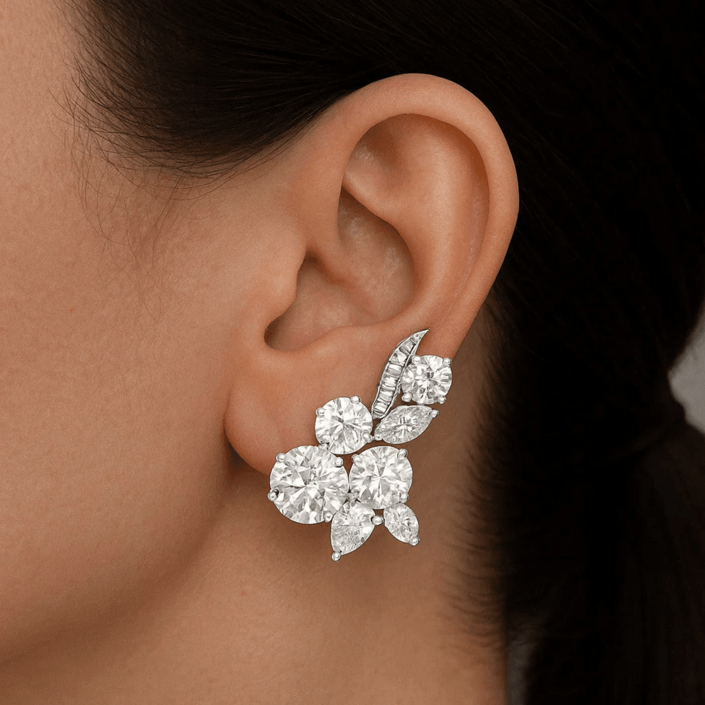 Harry Winston 1950s Platinum Diamond Earrings on ear