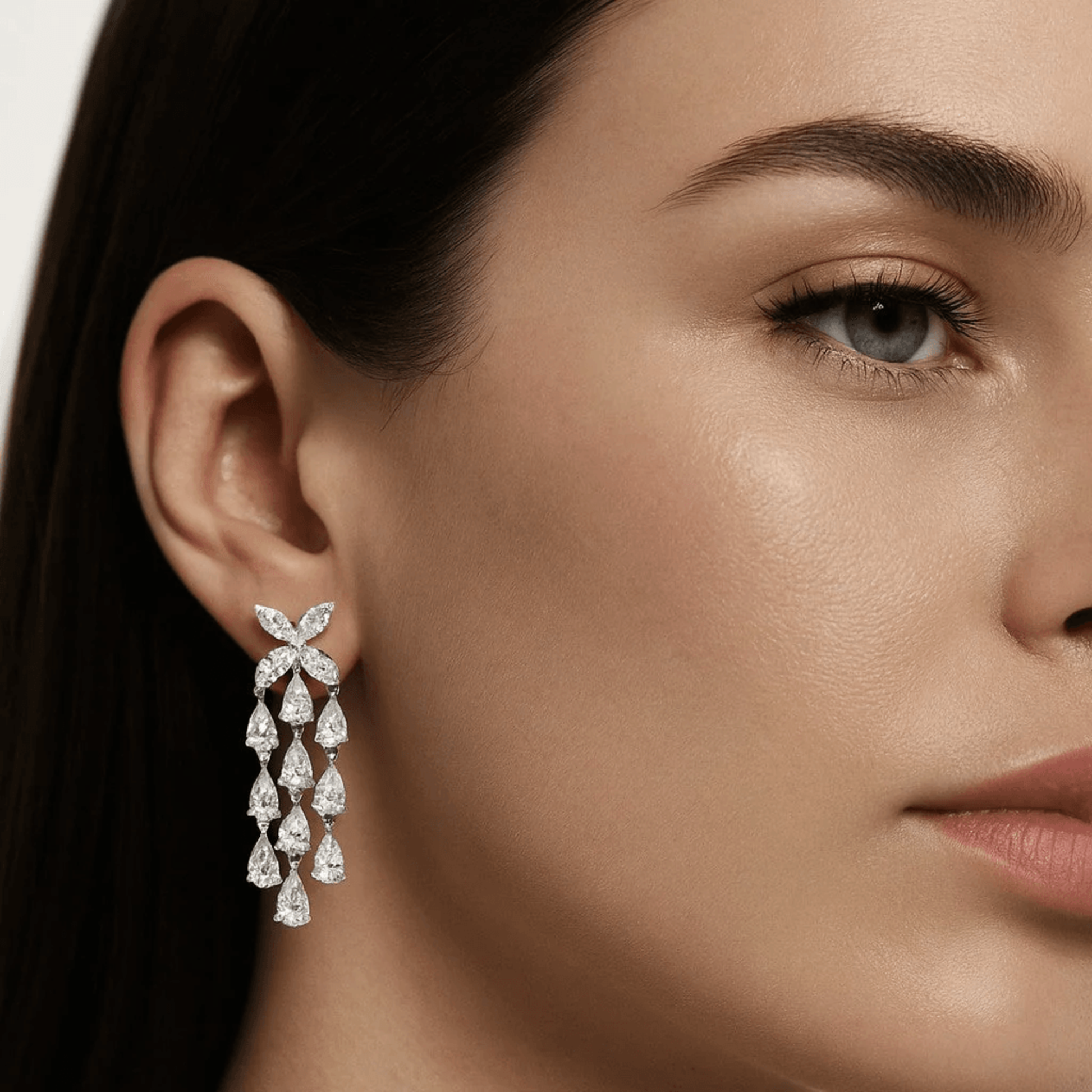 Post-1980s Platinum Diamond Earrings on ear