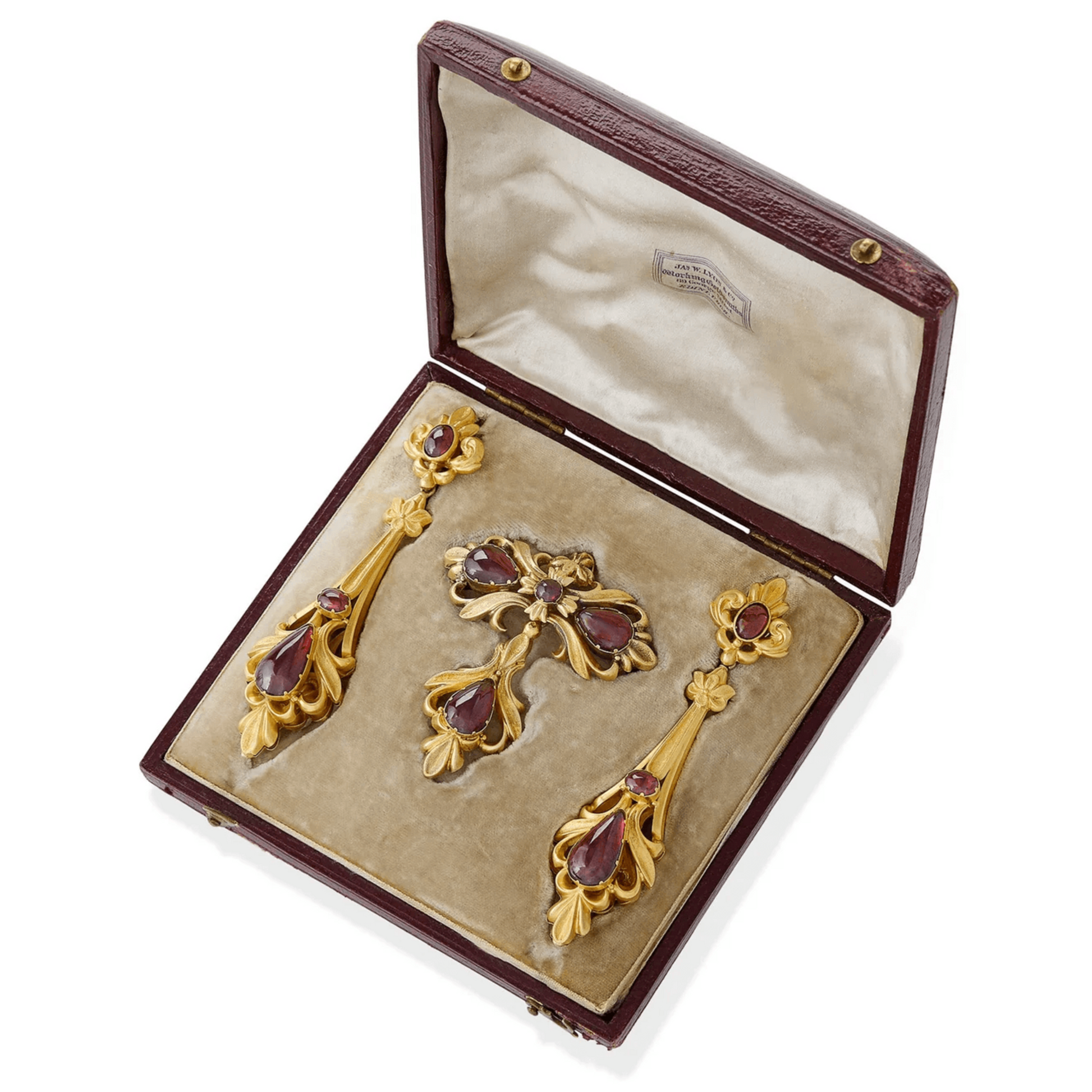 James W. Lyon English Victorian 15KT Yellow Gold Garnet Set in box
