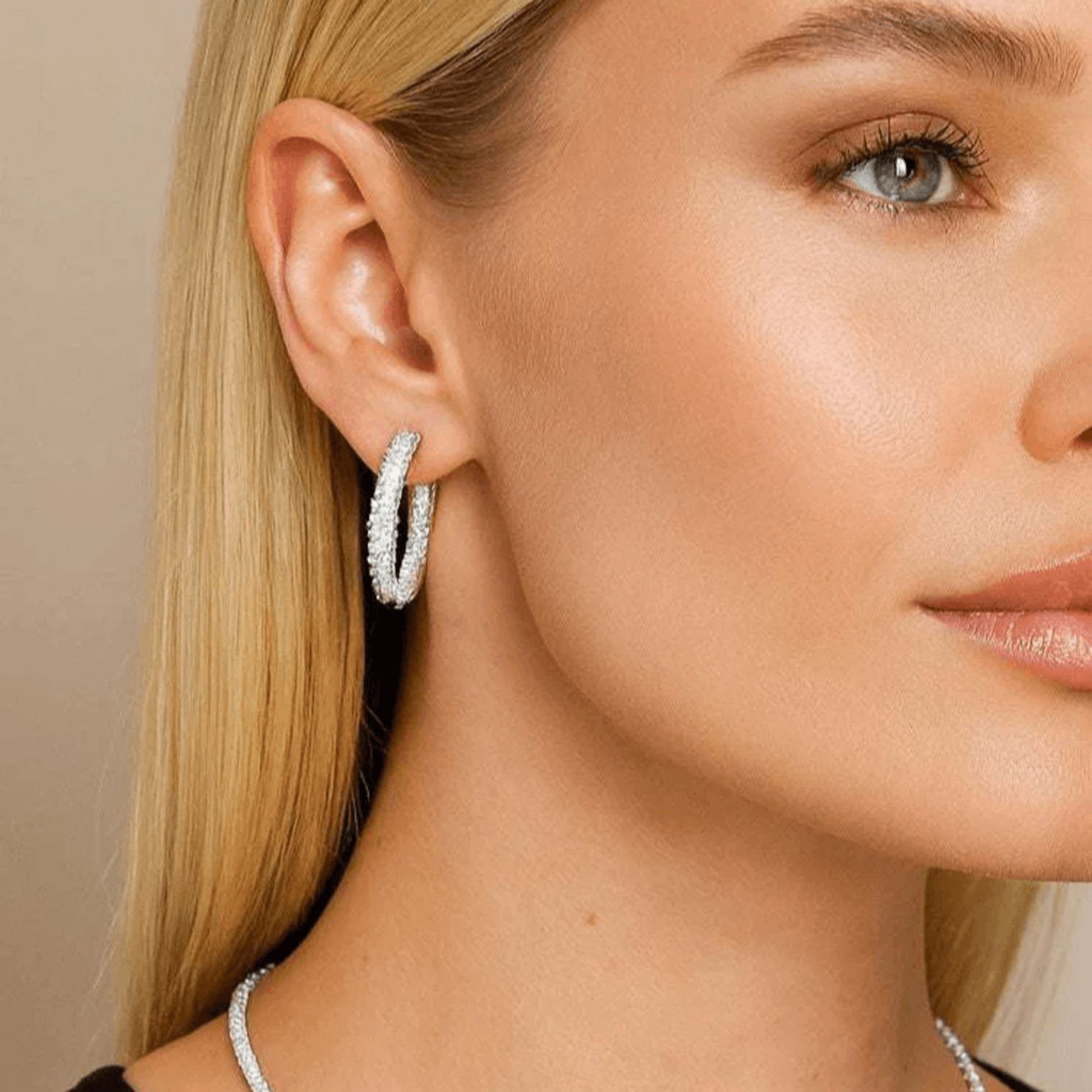 Post-1980s 14KT White Gold Diamond Earrings on ear