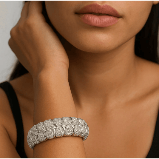 Bulgari Post-1980s 18KT White Gold Diamond Bracelet on wrist