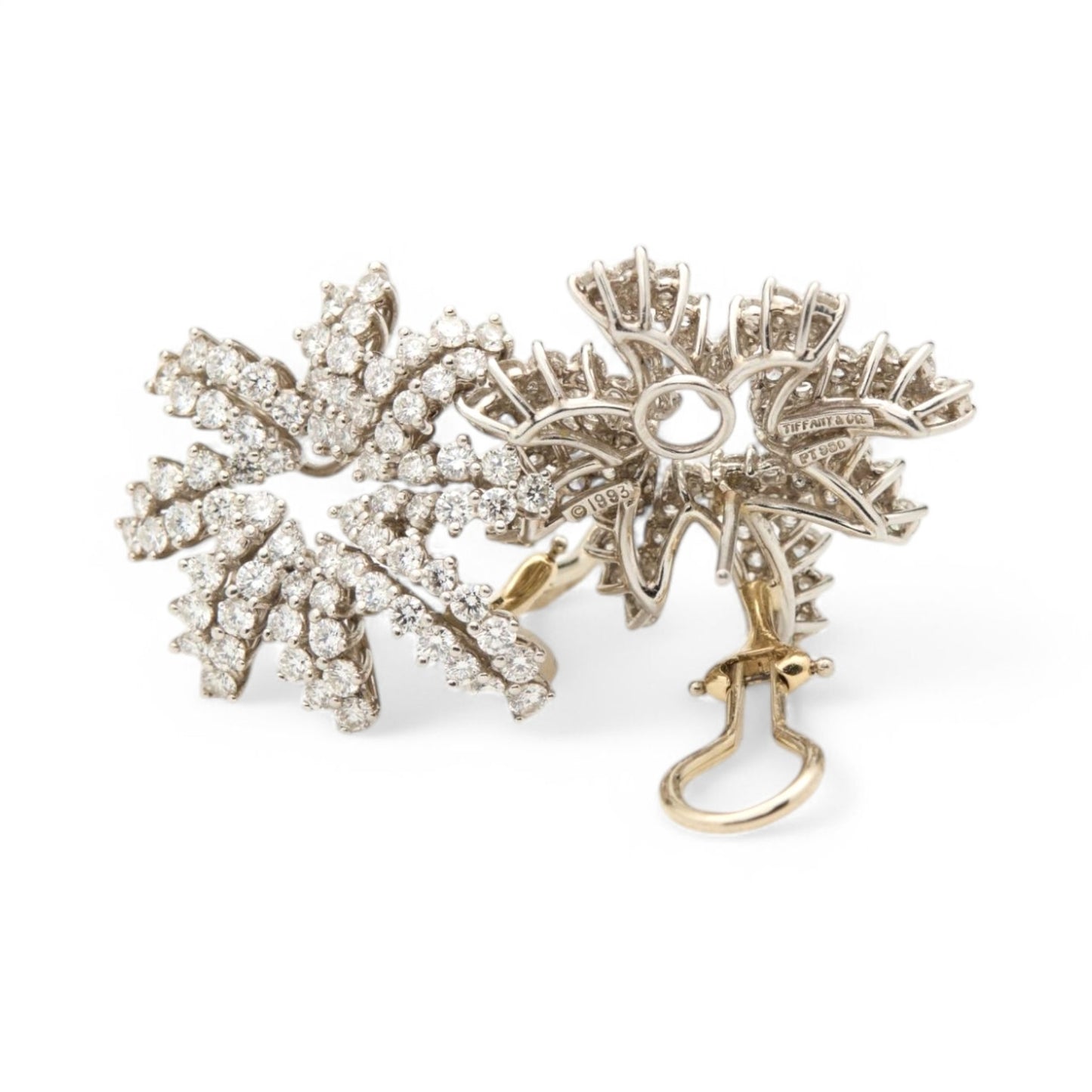 Tiffany & Co. Post-1980s Platinum & 18KT Yellow Gold Diamond Fireworks Earrings front and back with signature
