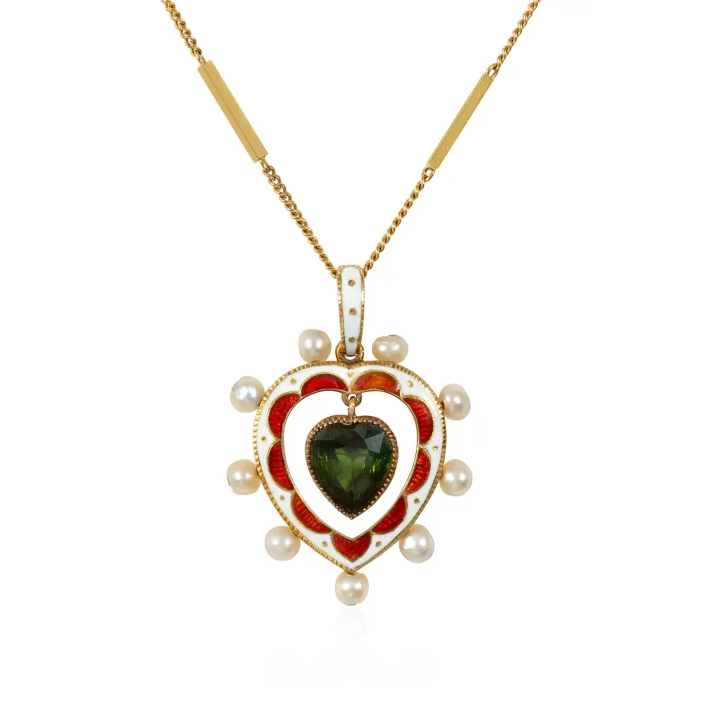 Victorian 15KT Yellow Gold Tourmaline, Enamel & Natural Pearl Heart Necklace front