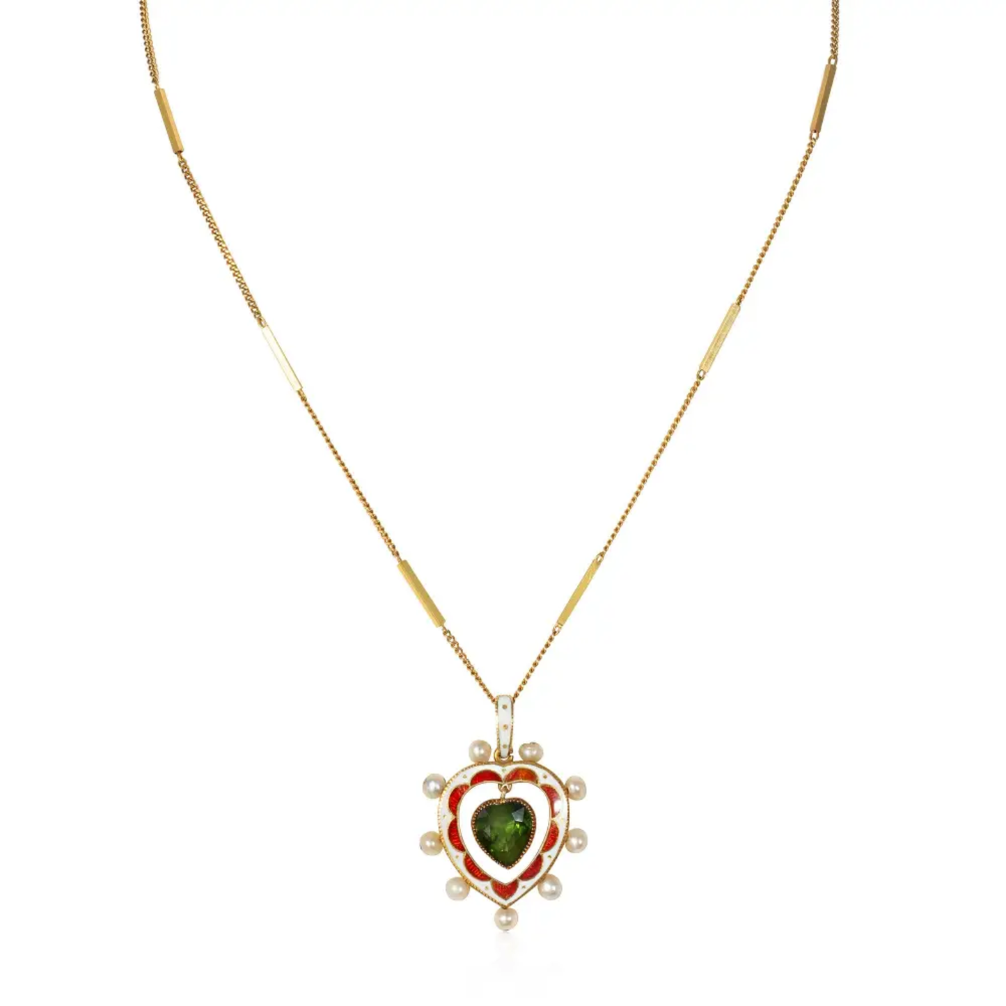 Victorian 15KT Yellow Gold Tourmaline, Enamel & Natural Pearl Heart Necklace front