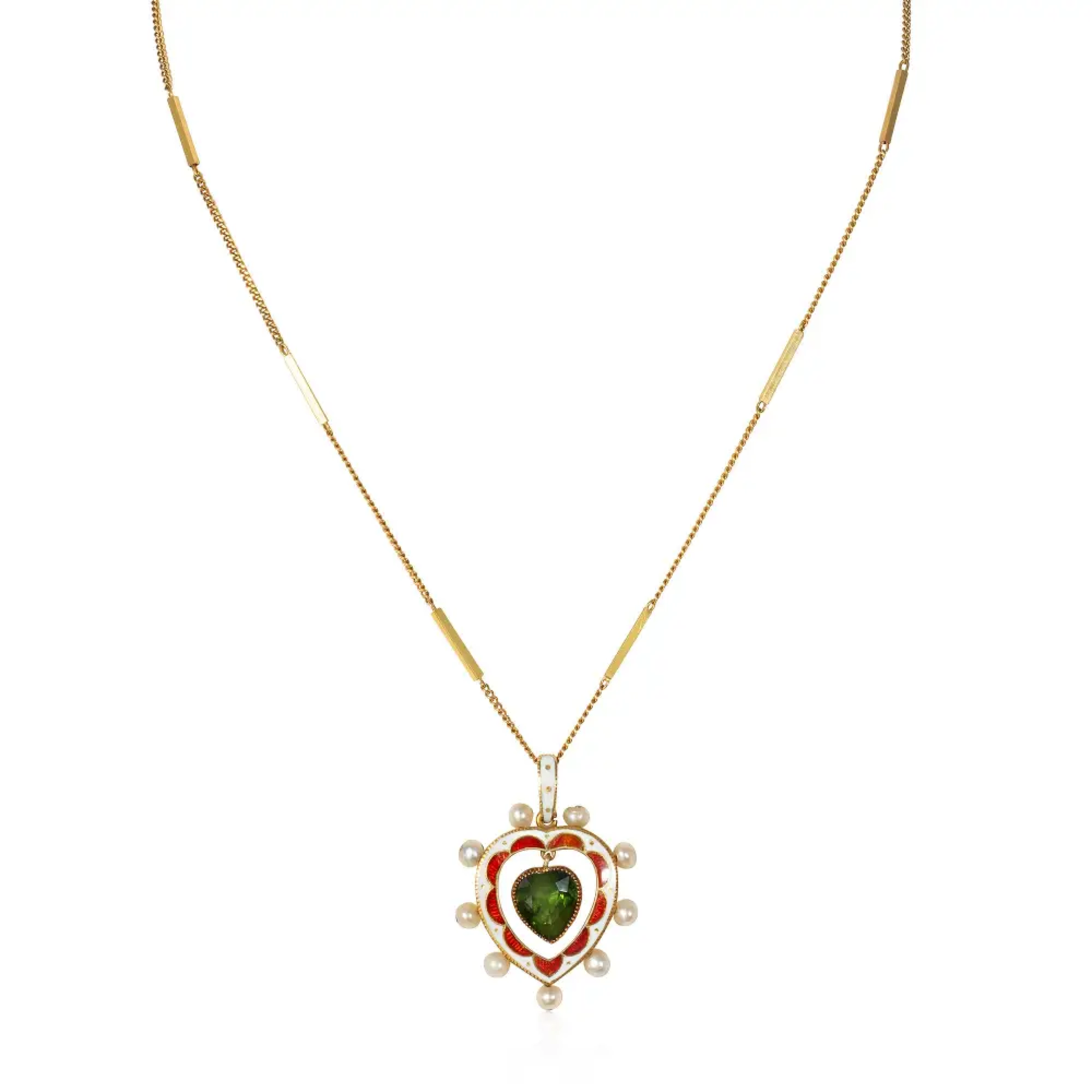 Victorian 15KT Yellow Gold Tourmaline, Enamel & Natural Pearl Heart Necklace front