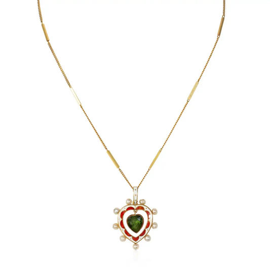 Victorian 15KT Yellow Gold Tourmaline, Enamel & Natural Pearl Heart Necklace front
