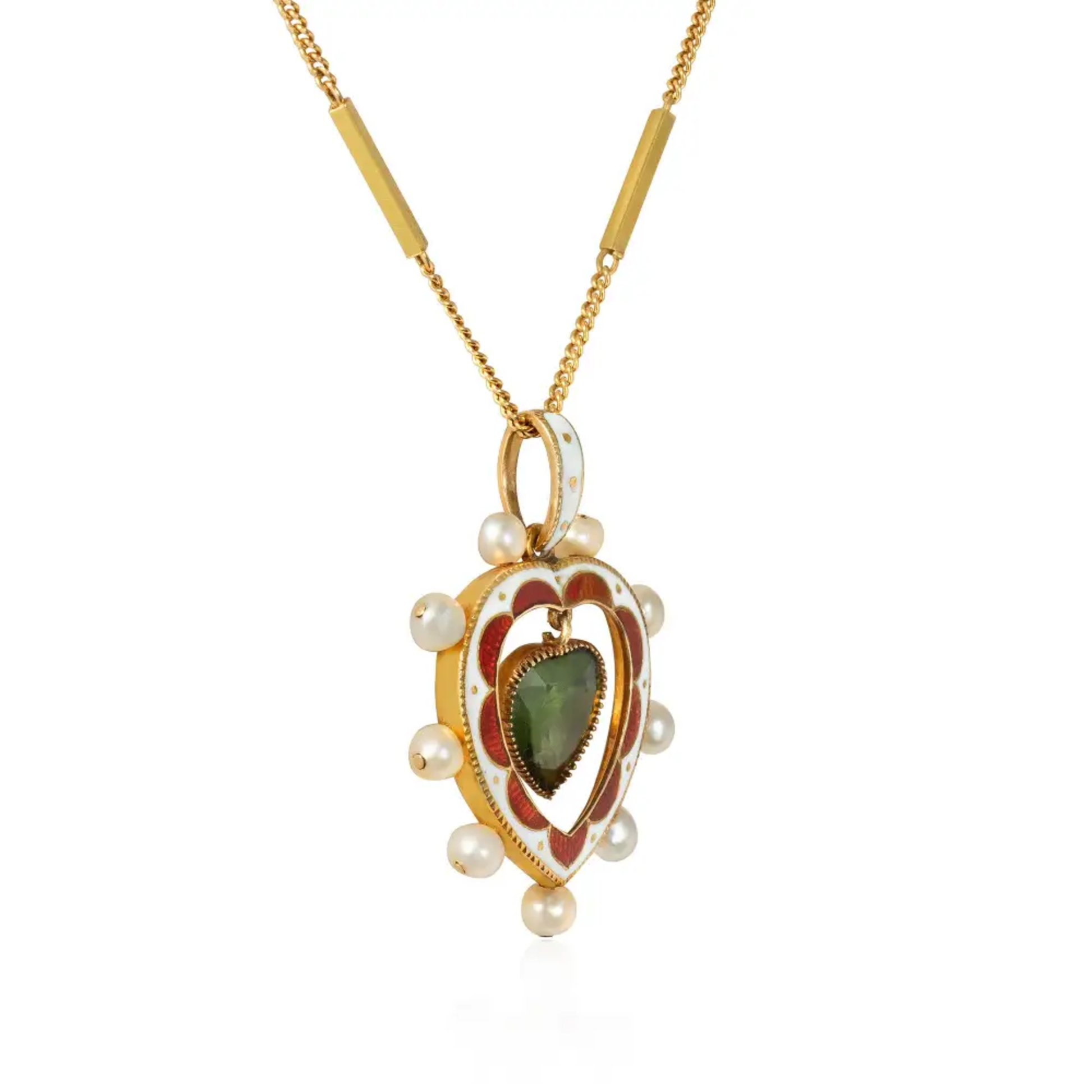 Victorian 15KT Yellow Gold Tourmaline, Enamel & Natural Pearl Heart Necklace side