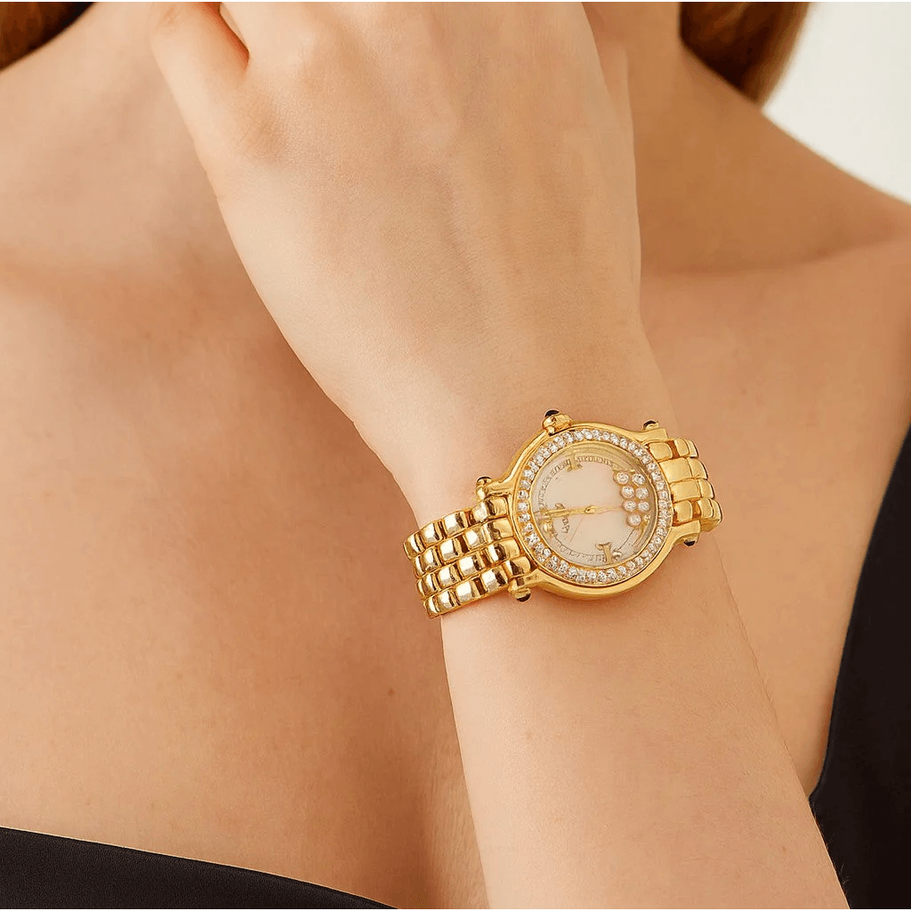 Chopard Post-1980s 18KT Yellow Gold Diamond Happy Sport Watch Bracelet on wrist