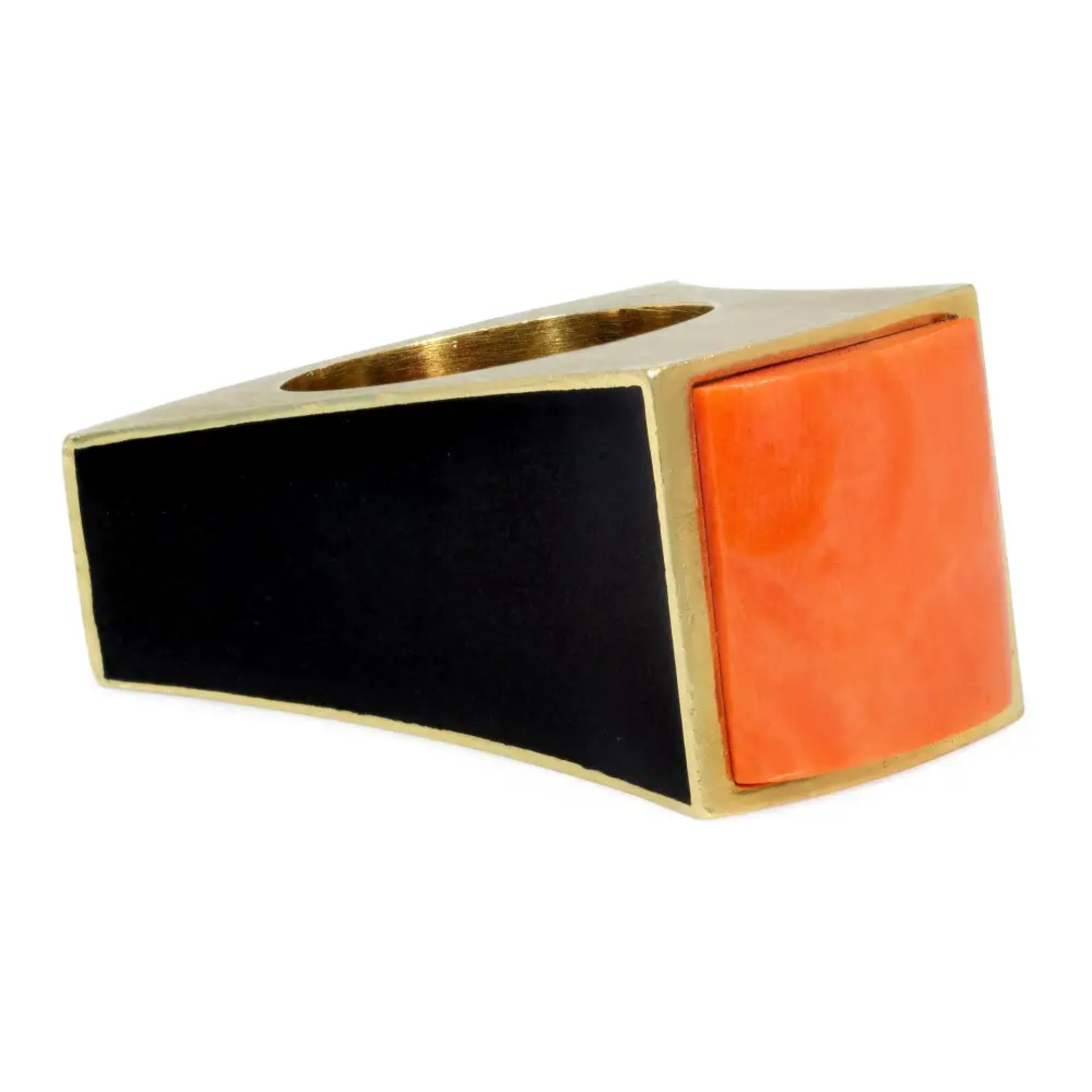 1970s 18KT Yellow Gold Coral & Onyx Ring side
