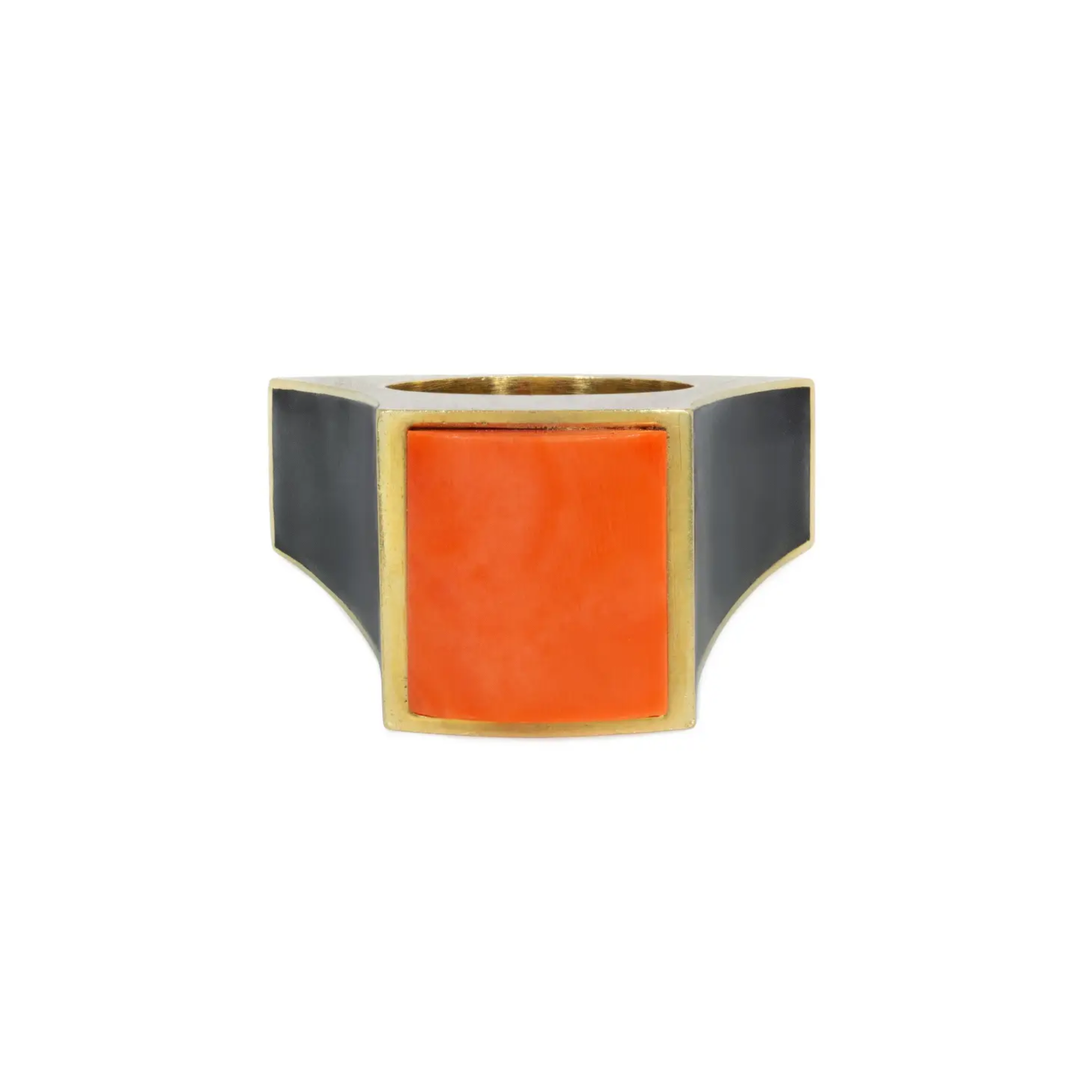 1970s 18KT Yellow Gold Coral & Onyx Ring front