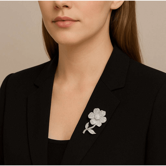 Post-1980s 18KT White Gold Diamond Flower Brooch on lapel