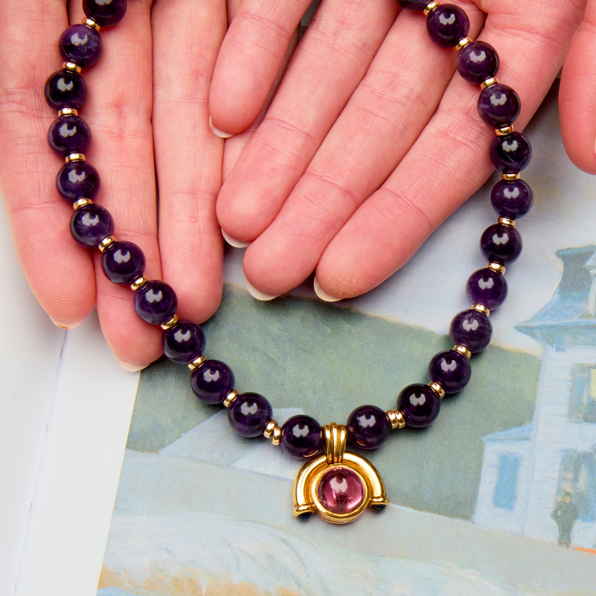 Bulgari Italy 1980s 18KT Yellow Gold Tourmaline & Amethyst Necklace close-up front