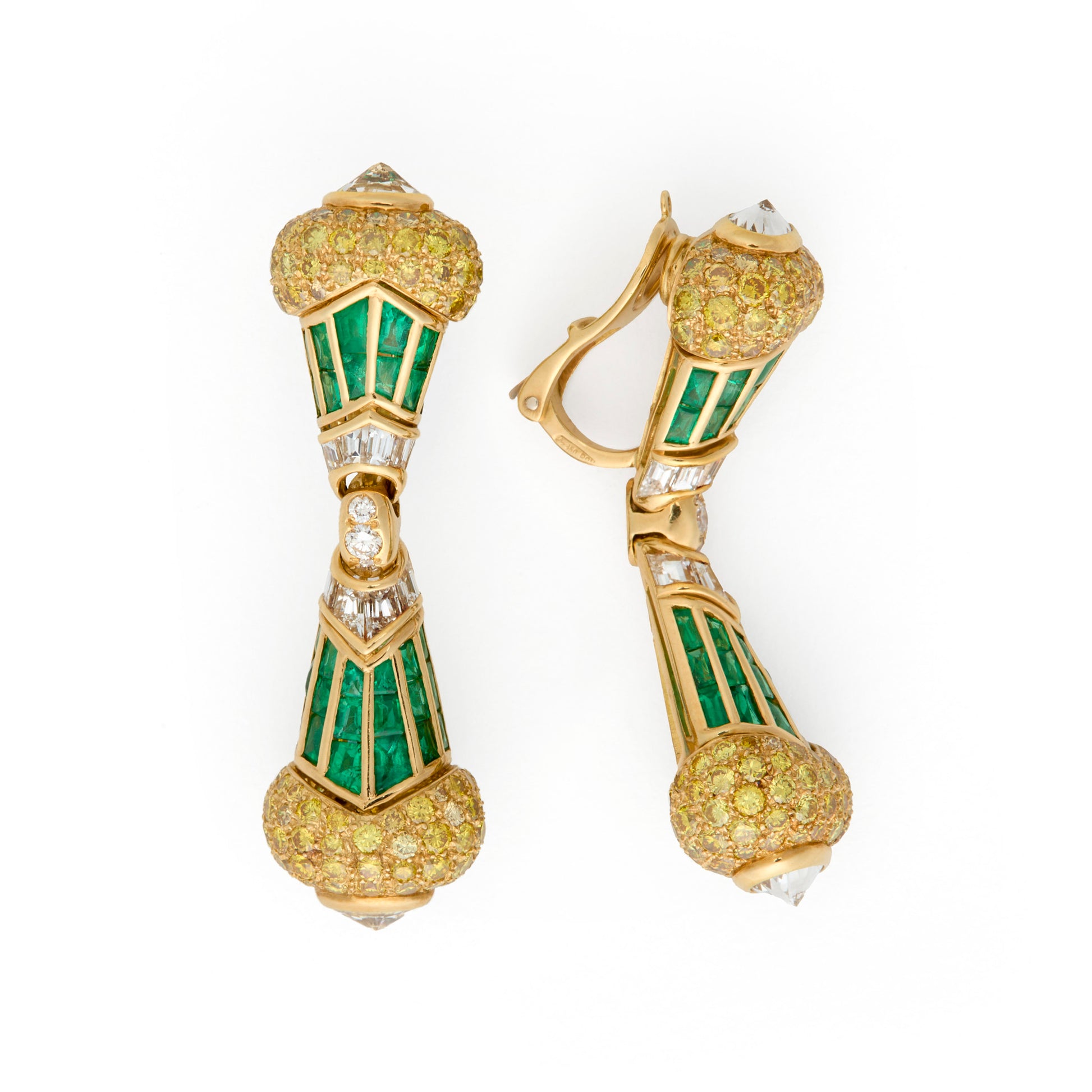 Bulgari 1980s 18KT Yellow Gold Emerald & Diamond Earrings front and side