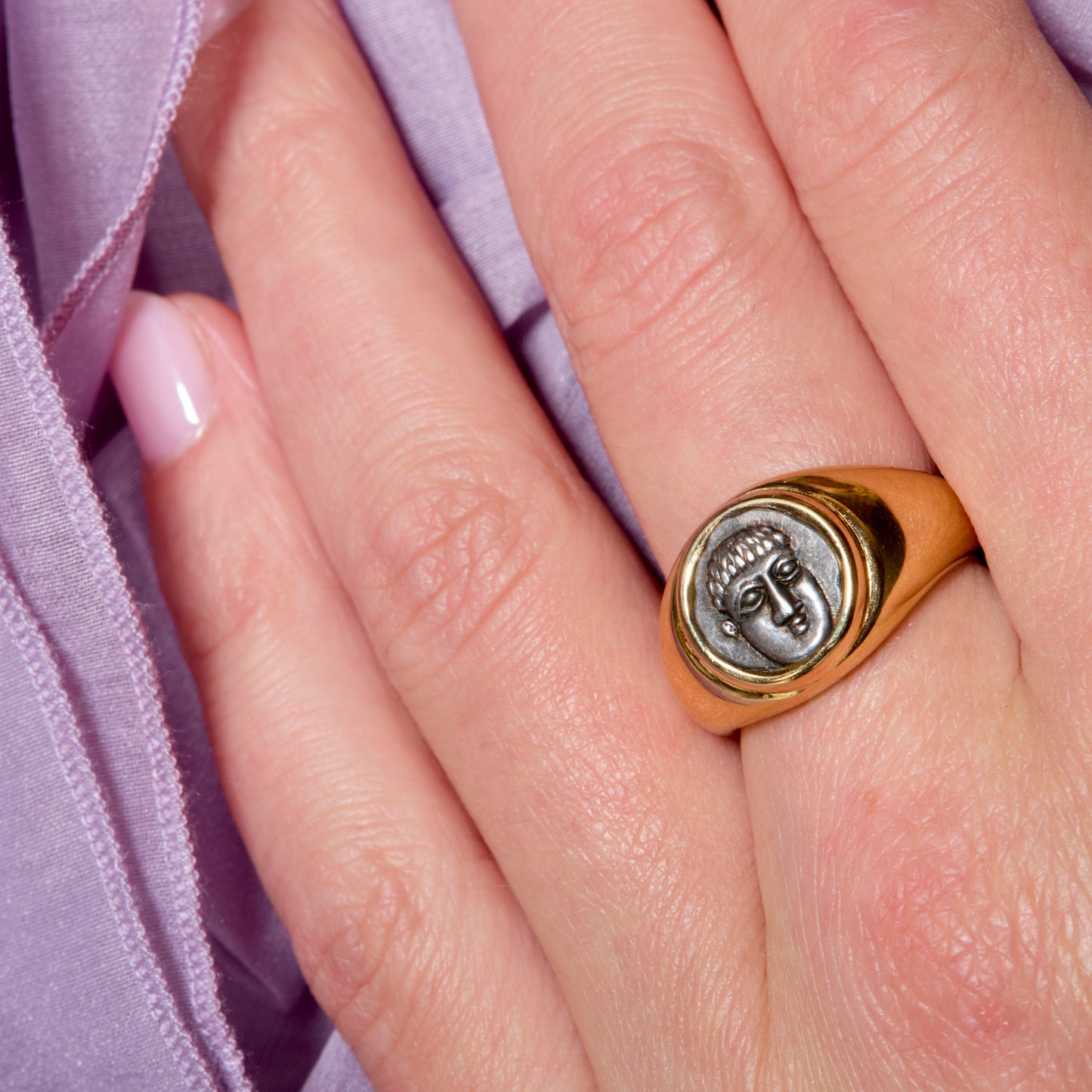 Bulgari 1980s 18KT Yellow Gold Monete Ring on finger