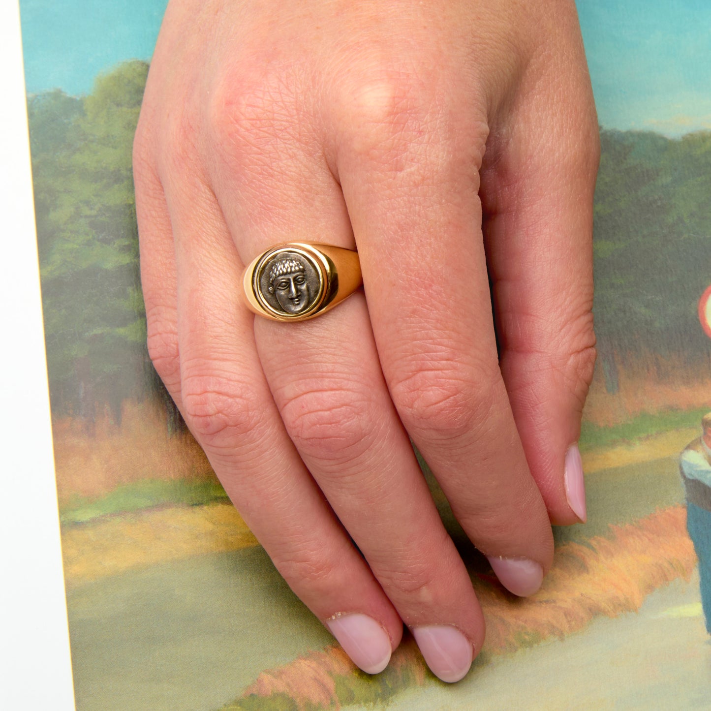 Bulgari 1980s 18KT Yellow Gold Monete Ring on finger