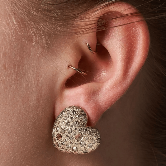 Pomellato 1980s 18KT Yellow Gold Diamond Earrings on ear