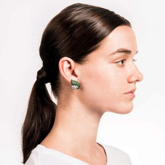 Post-1980s Blackened Silver Tsavorite & Diamond Earrings on ear
