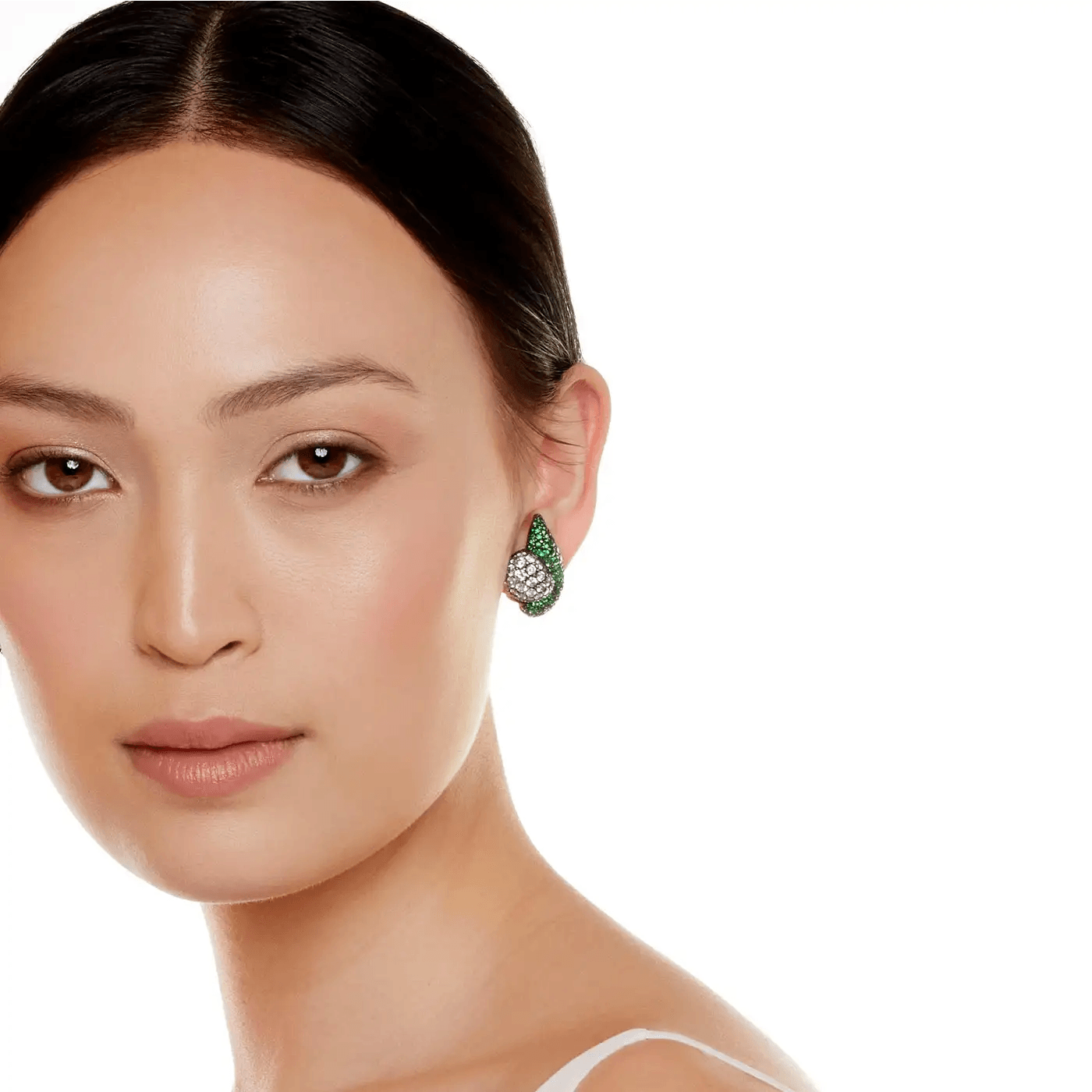 Post-1980s Blackened Silver Tsavorite & Diamond Earrings on ear