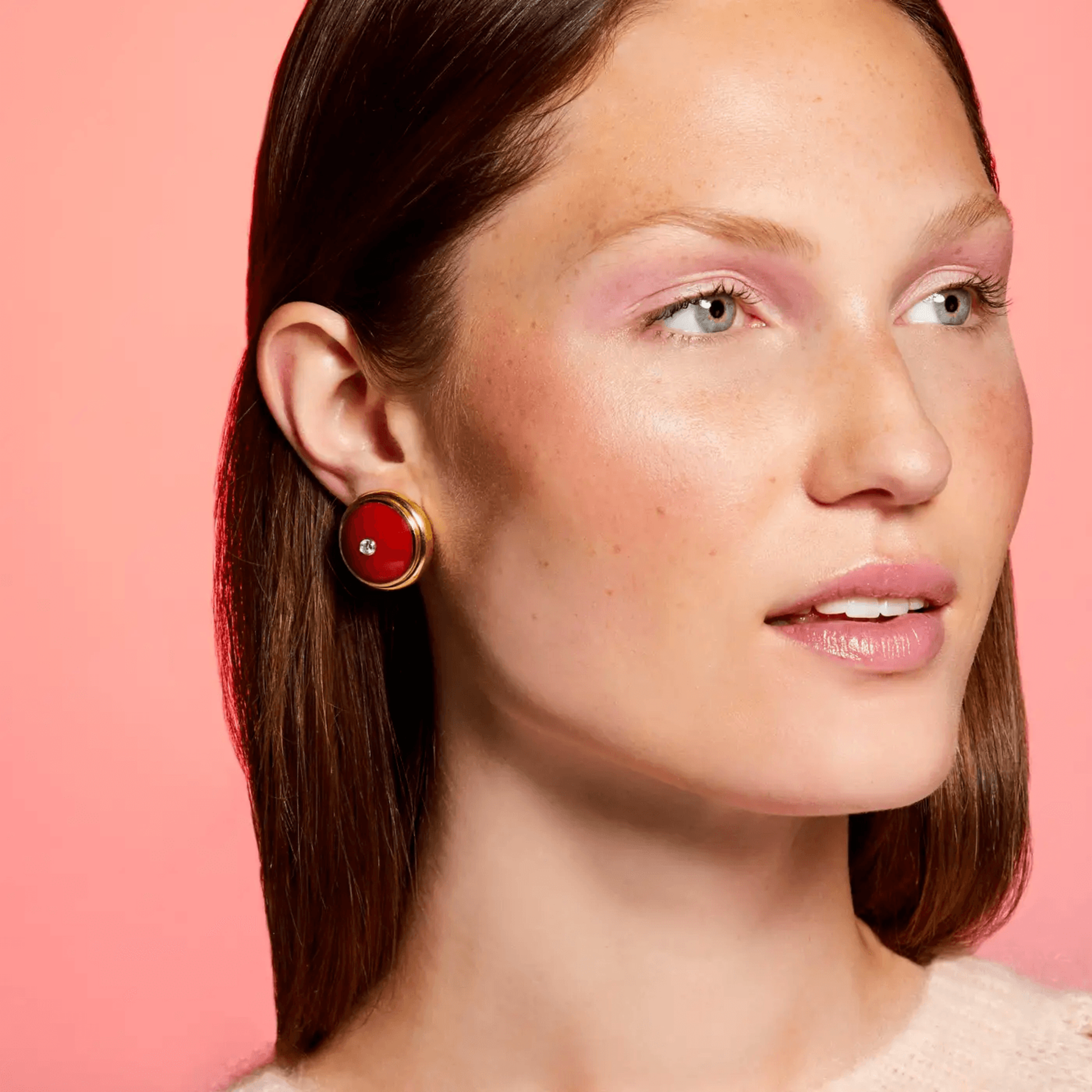 Tiffany & Co. 1980s Coral & Diamond Earrings on ear