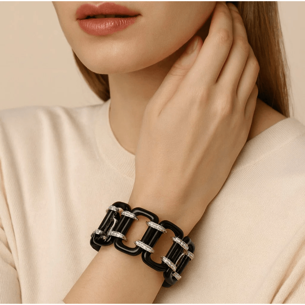 1980s 14KT White Gold Onyx & Diamond Bracelet on wrist