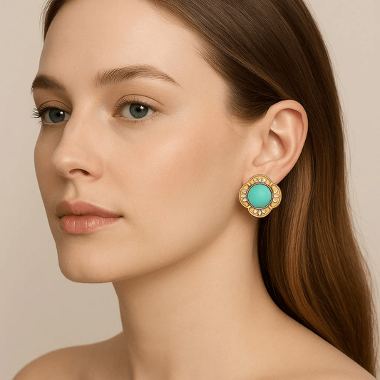 Post-1980s 18KT Yellow Gold Turquoise & Diamond Earrings on ear