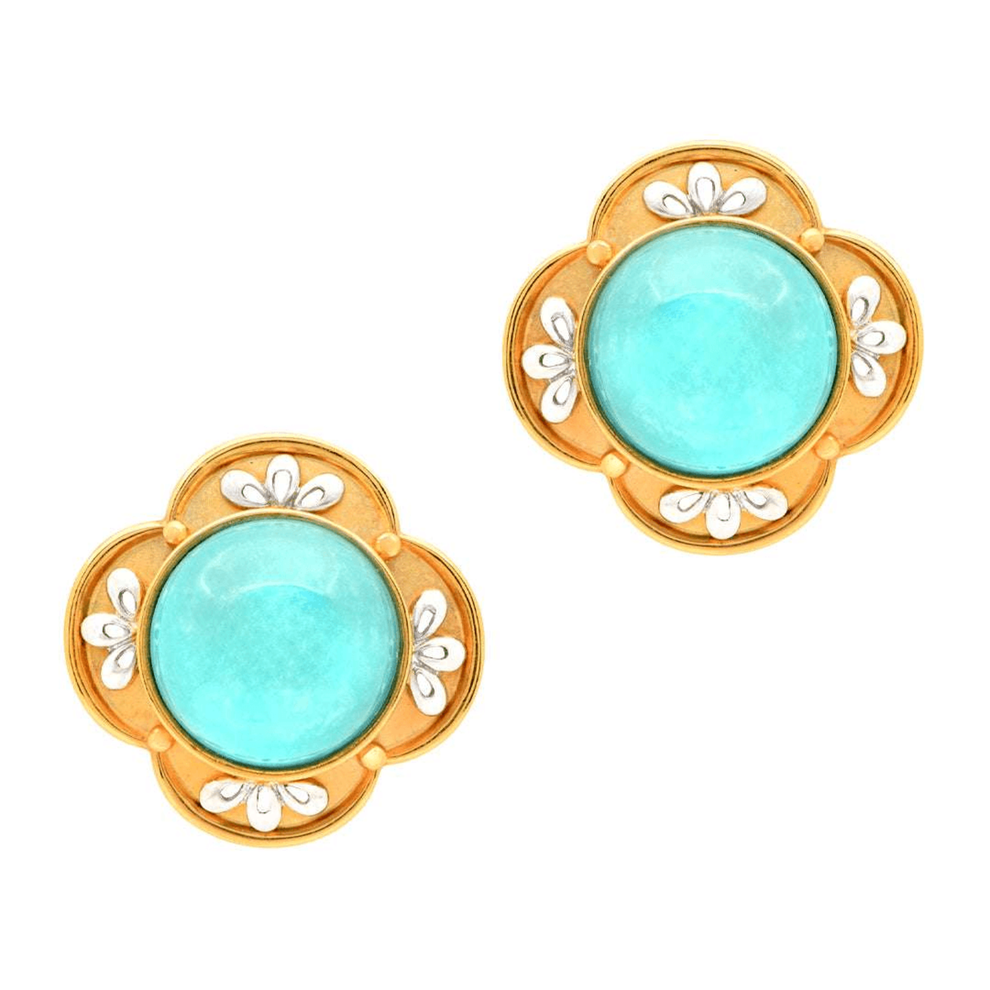 Post-1980s 18KT Yellow Gold Turquoise & Diamond Earrings front