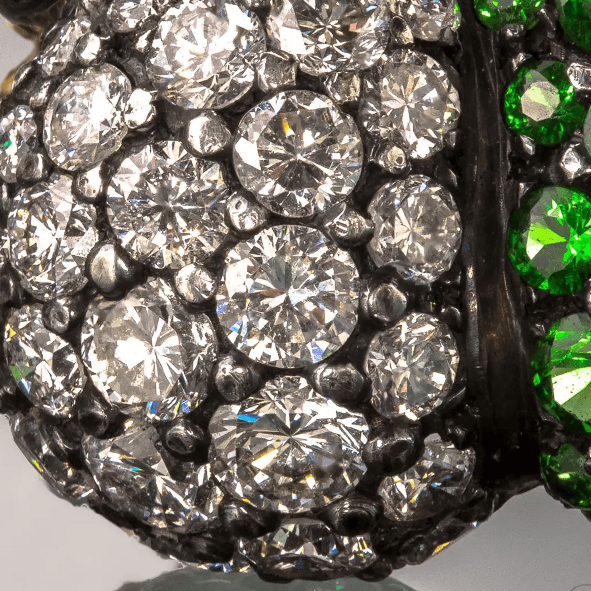 Post-1980s Blackened Silver Tsavorite & Diamond Earrings close-up details