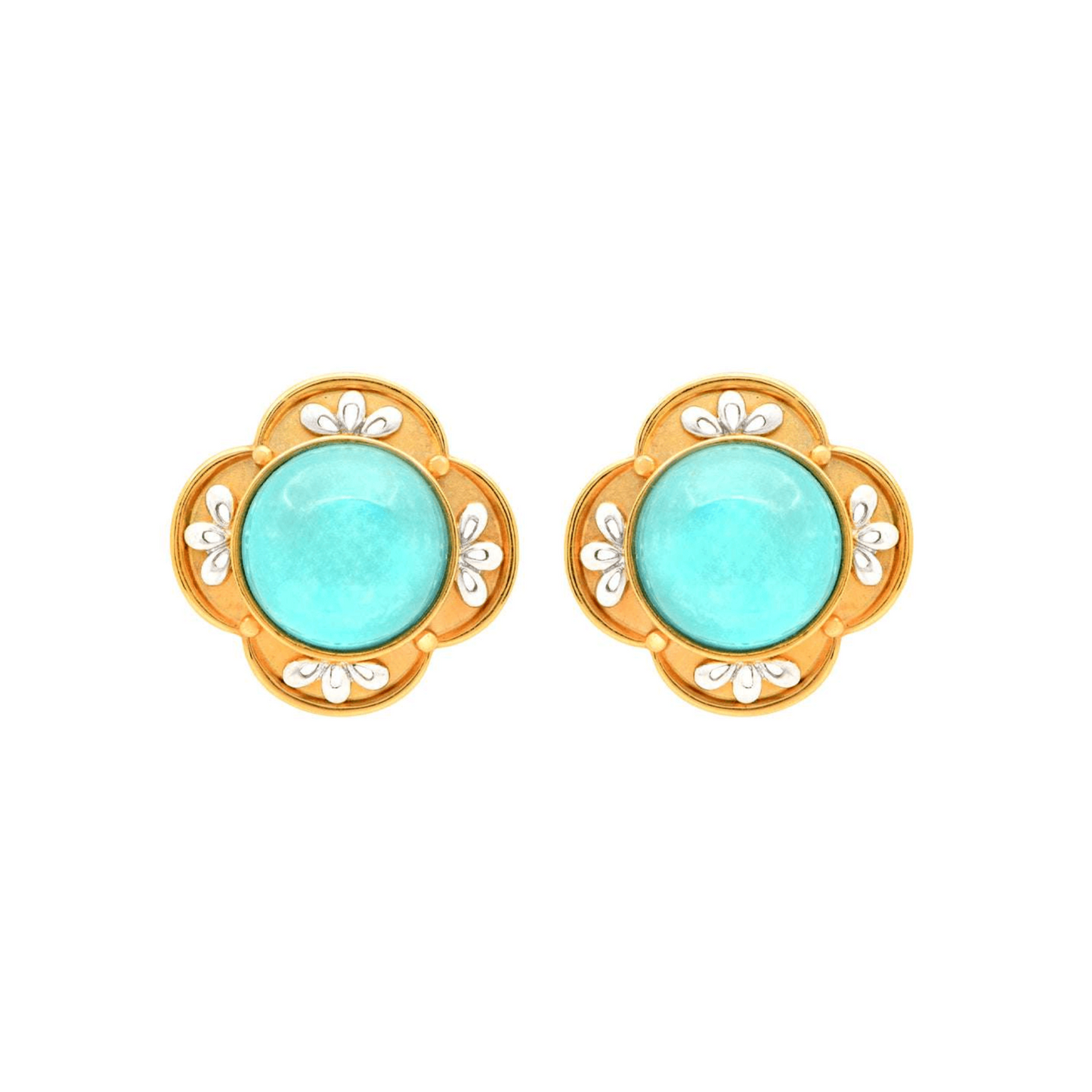 Post-1980s 18KT Yellow Gold Turquoise & Diamond Earrings front