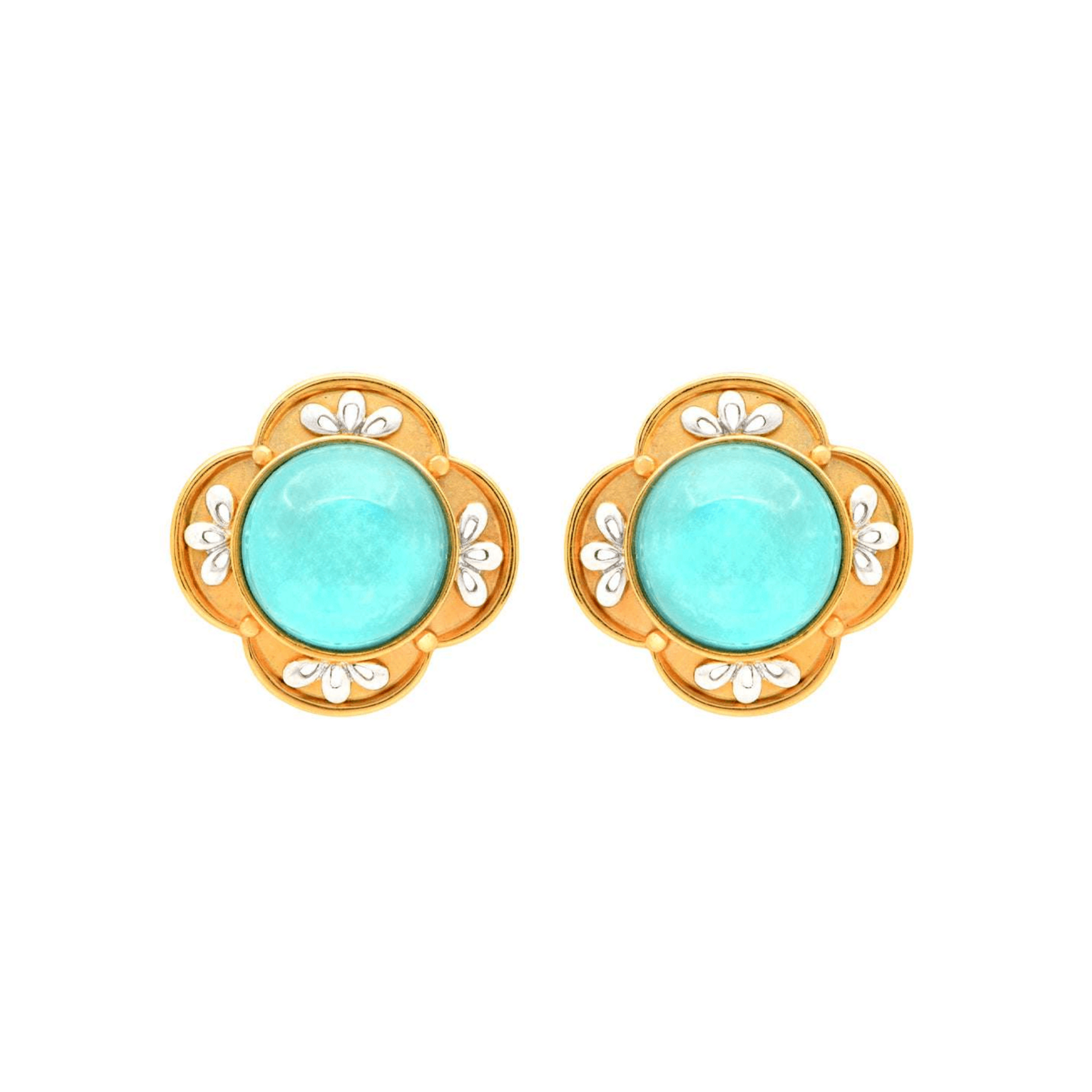 Post-1980s 18KT Yellow Gold Turquoise & Diamond Earrings front