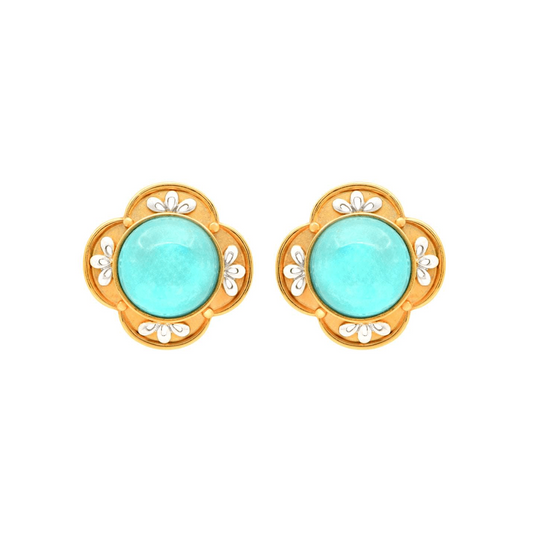 Post-1980s 18KT Yellow Gold Turquoise & Diamond Earrings front