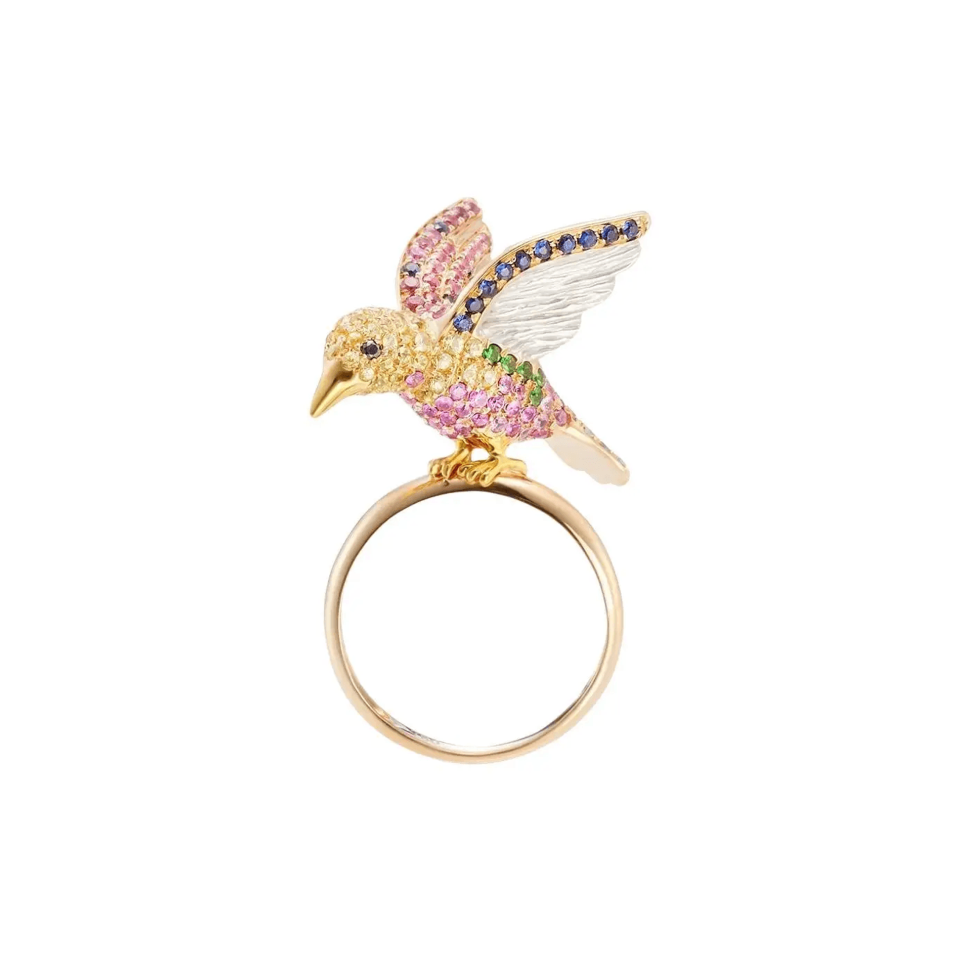 Mio Harutaka Post-1980s 18KT Yellow Gold Diamond, Garnet & Sapphire Bird Ring front