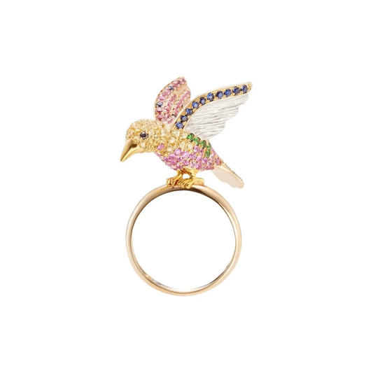 Mio Harutaka Post-1980s 18KT Yellow Gold Diamond, Garnet & Sapphire Bird Ring front