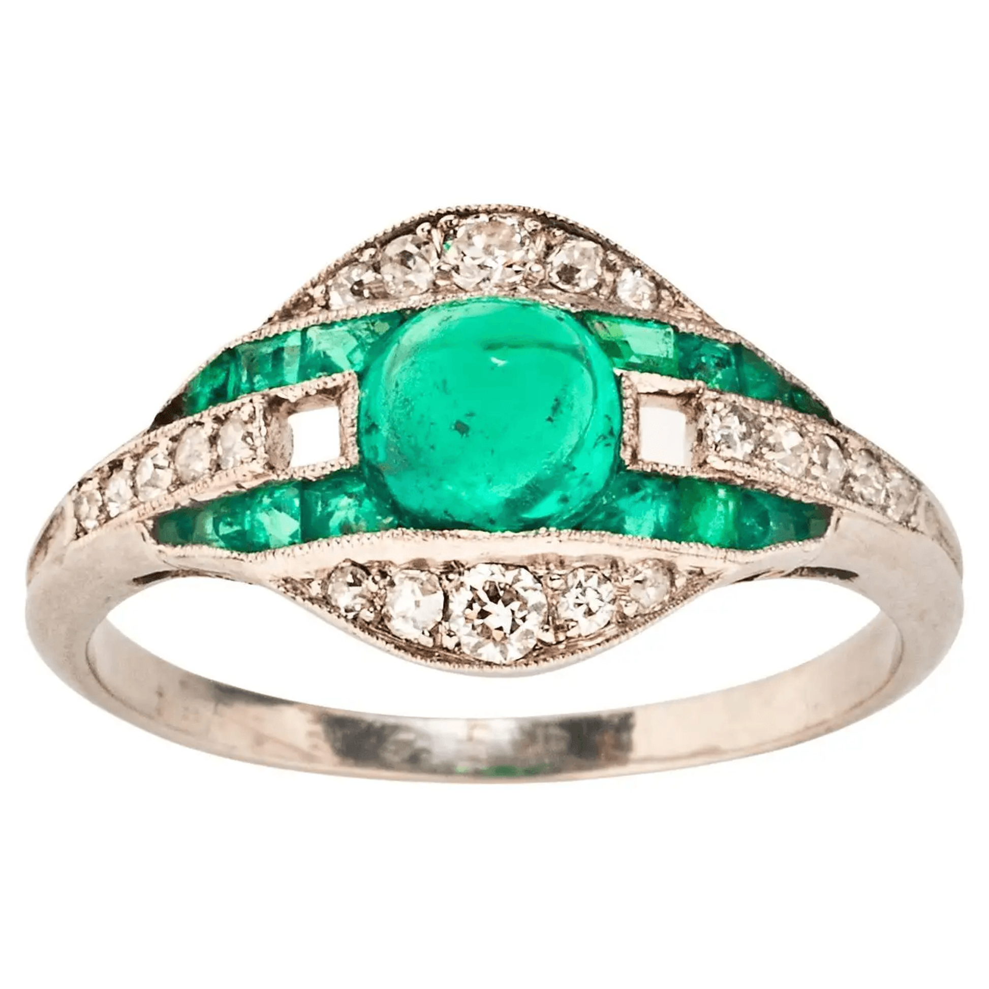 Art Deco Platinum Emerald & Diamond Ring front