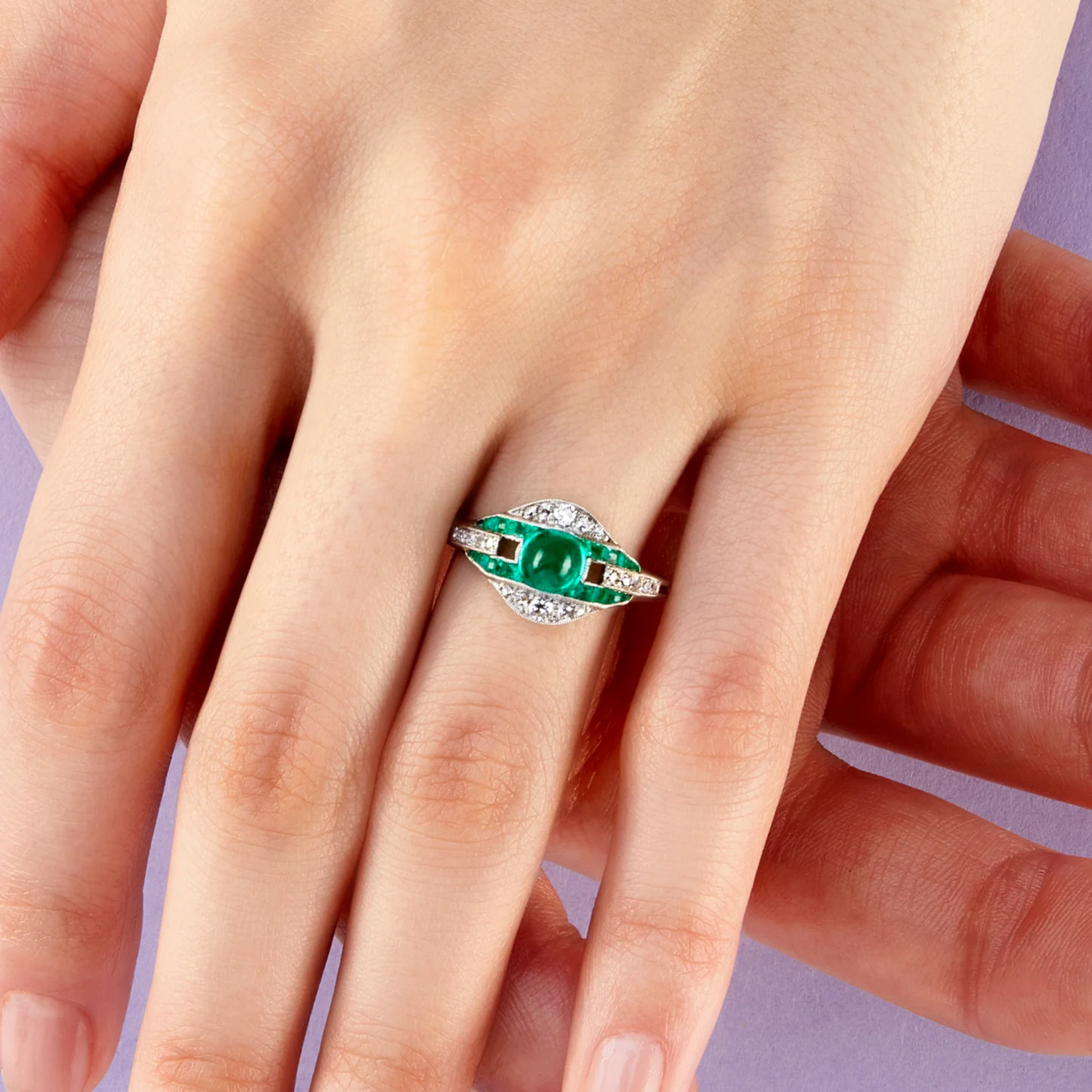 Art Deco Platinum Emerald & Diamond Ring on finger