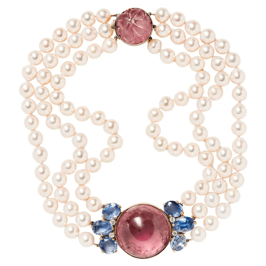 Seaman Schepps 1980s 18KT Yellow Gold Cultured Pearl, Diamond, Sapphire & Tourmaline Necklace front