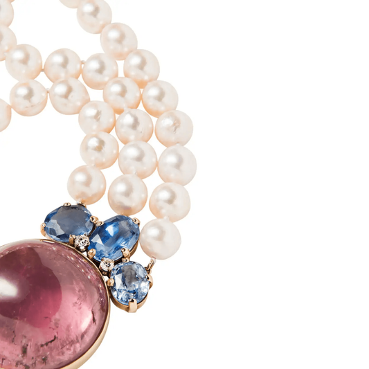 Seaman Schepps 1980s 18KT Yellow Gold Cultured Pearl, Diamond, Sapphire & Tourmaline Necklace close-up details