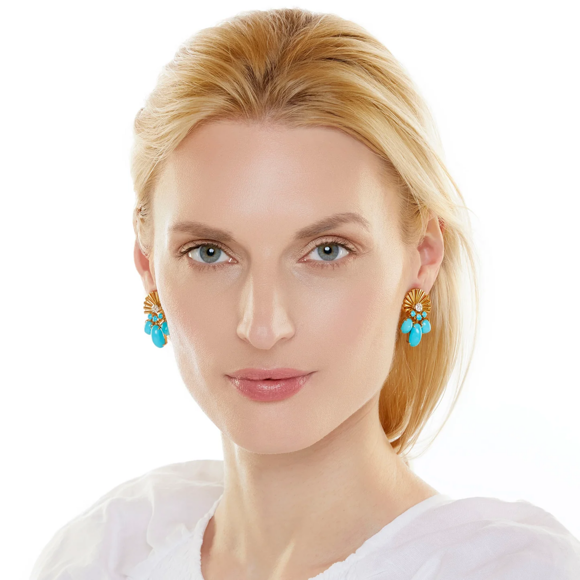 French 1940s 18KT Yellow Gold Turquoise & Diamond Earrings on ear