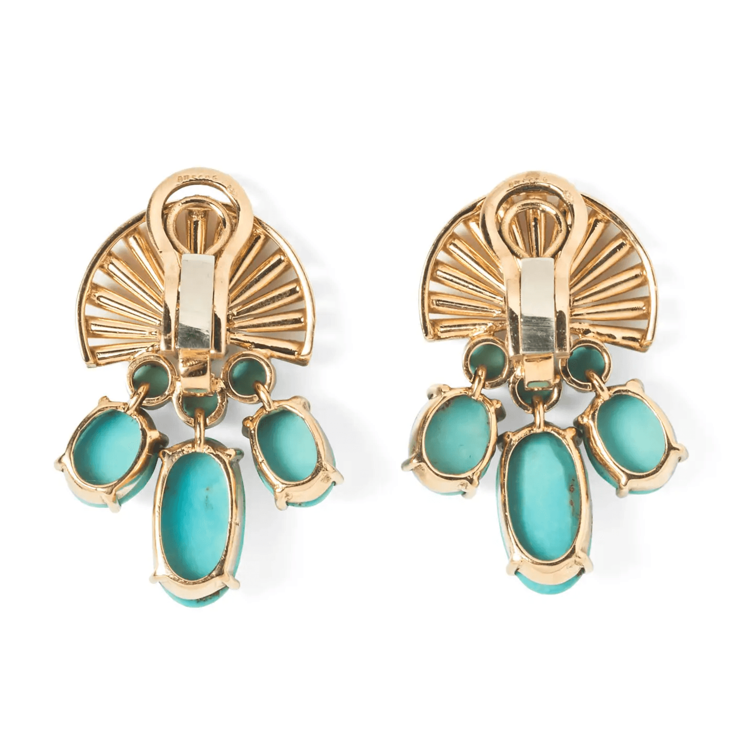 French 1940s 18KT Yellow Gold Turquoise & Diamond Earrings back