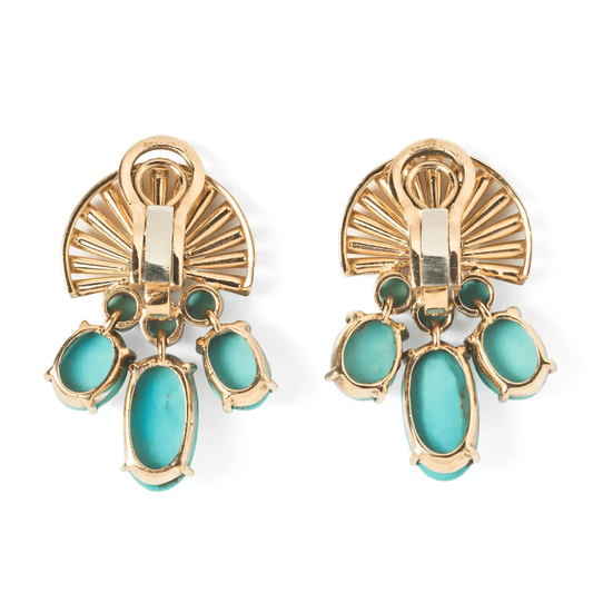 French 1940s 18KT Yellow Gold Turquoise & Diamond Earrings back