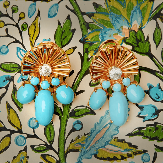 French 1940s 18KT Yellow Gold Turquoise & Diamond Earrings front
