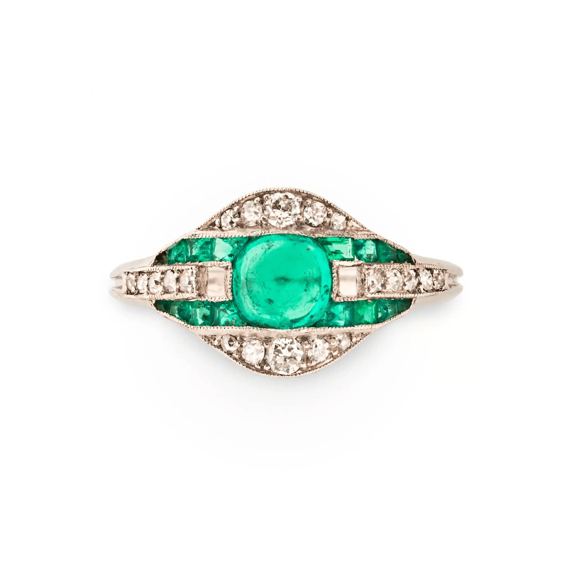 Art Deco Platinum Emerald & Diamond Ring front