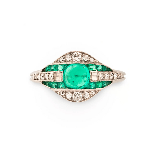 Art Deco Platinum Emerald & Diamond Ring front