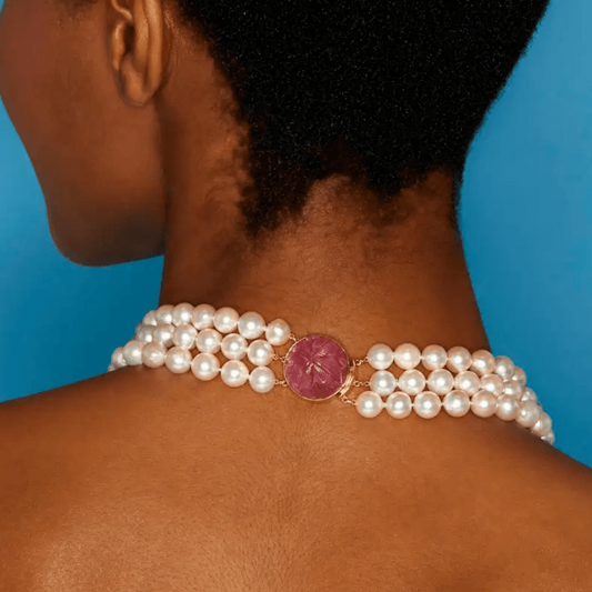 Seaman Schepps 1980s 18KT Yellow Gold Cultured Pearl, Diamond, Sapphire & Tourmaline Necklace on neck