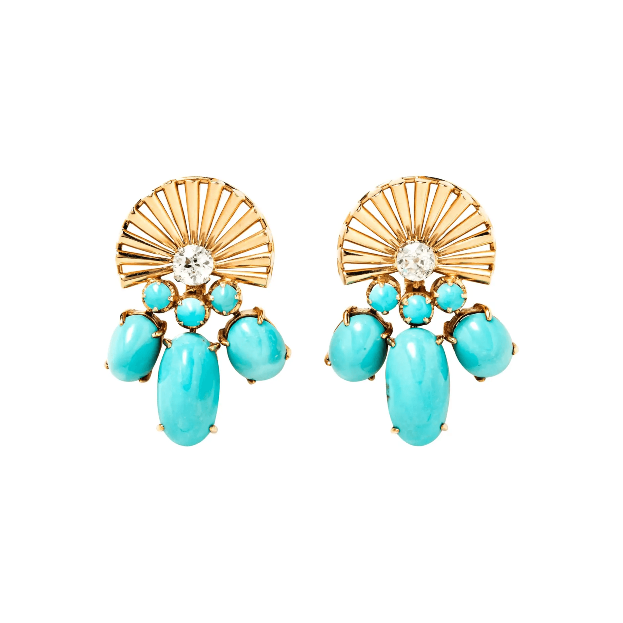 French 1940s 18KT Yellow Gold Turquoise & Diamond Earrings